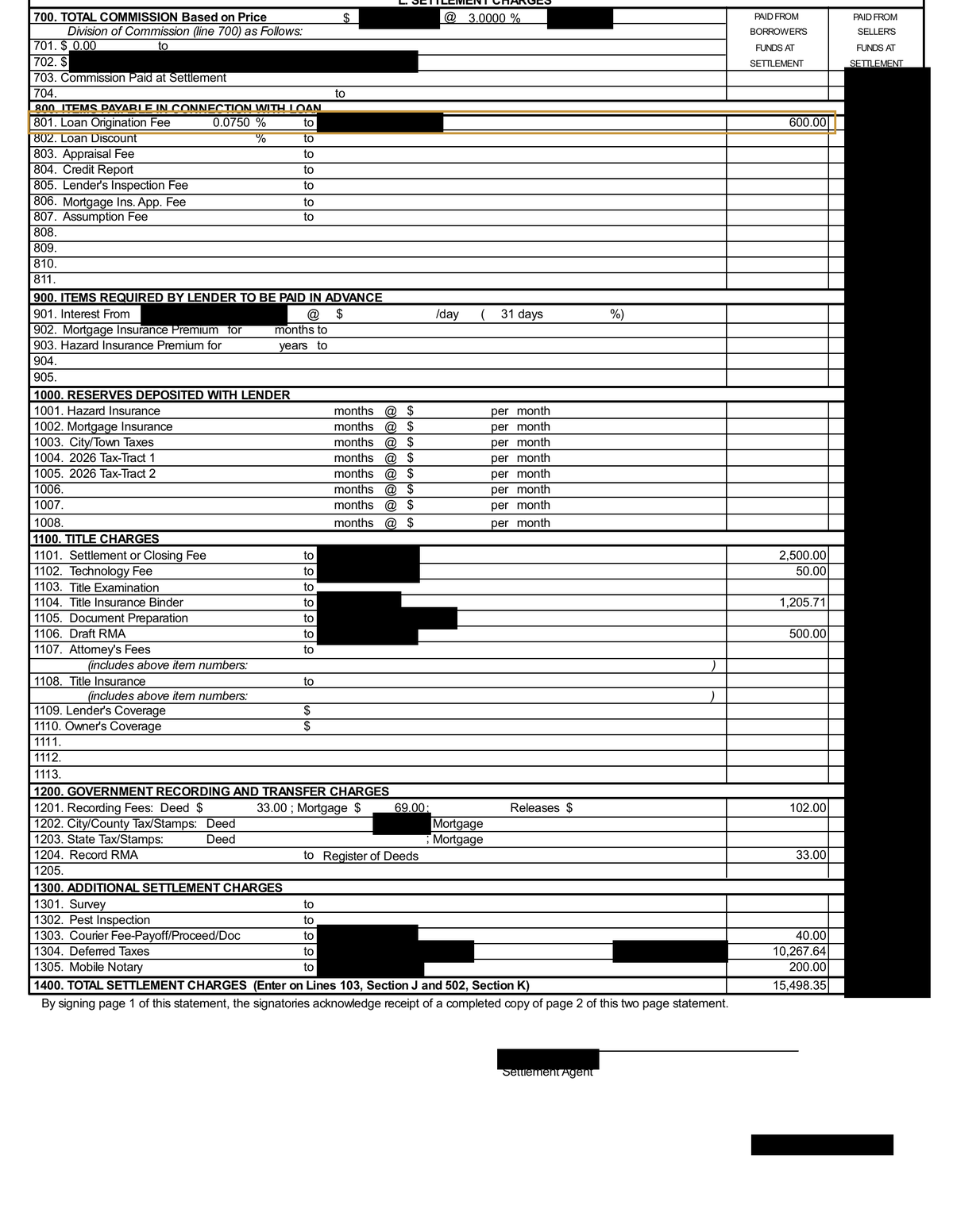 Redacted settlement statement from a Damen Capital land loan showing a $600 loan fee on line 801